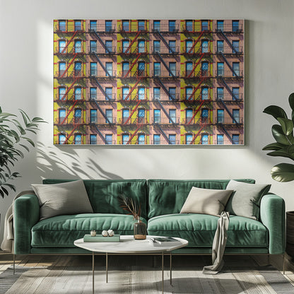 A pop-art style repeating pattern of a colorful apartment building facade featuring pink and yellow walls, windows reflecting a blue sky, and a network of black and red fire escapes, enclosed in a silver frame. Artwork