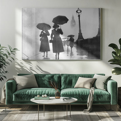 A vintage black and white photograph of people with umbrellas walking on a wet, foggy day in London. The silhouettes of the people are dark against the misty background, where the faint outline of Big Ben and a street lamp are visible. Wall Art