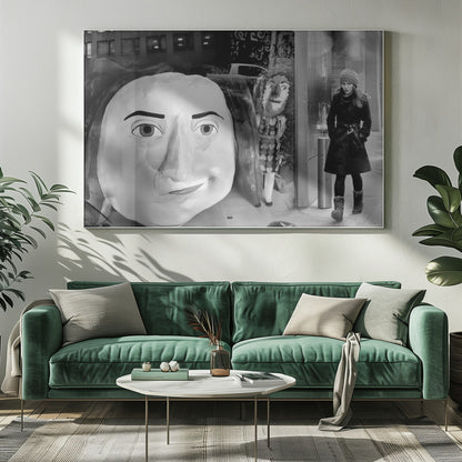 A surreal black and white photograph with a silver frame, featuring a giant, cartoonish head of a historical figure reflected in a window, juxtaposed with a young woman in a winter coat and beanie walking down a city sidewalk. Wall Art