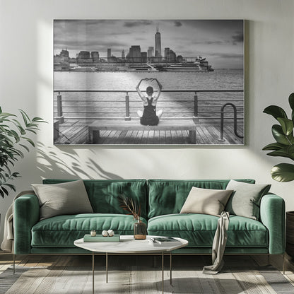 A framed black and white photograph showing the back of a woman sitting on a wooden bench on a pier. She is in a yoga pose with her arms raised, looking out at the Lower Manhattan skyline, including the Freedom Tower, across the water. Decor