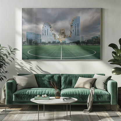A wide-angle view from the center of a lush green soccer field looking towards a striking modern architectural complex with uniquely shaped glass and tan buildings under a dramatic, cloudy sky. Decor