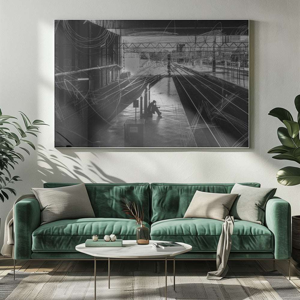 A framed, high-contrast black and white photograph of a person sitting alone on a deserted train platform, with tracks stretching into the distance. The entire scene is overlaid with frenetic white scribbles, creating an abstract and moody effect. Artwork