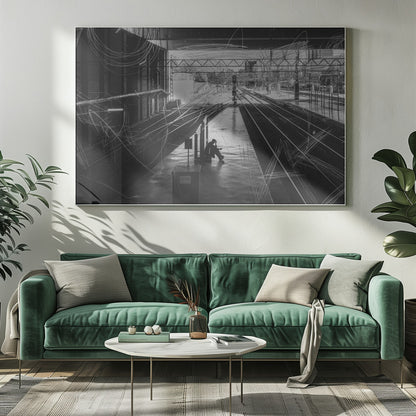 A framed, high-contrast black and white photograph of a person sitting alone on a deserted train platform, with tracks stretching into the distance. The entire scene is overlaid with frenetic white scribbles, creating an abstract and moody effect. Artwork