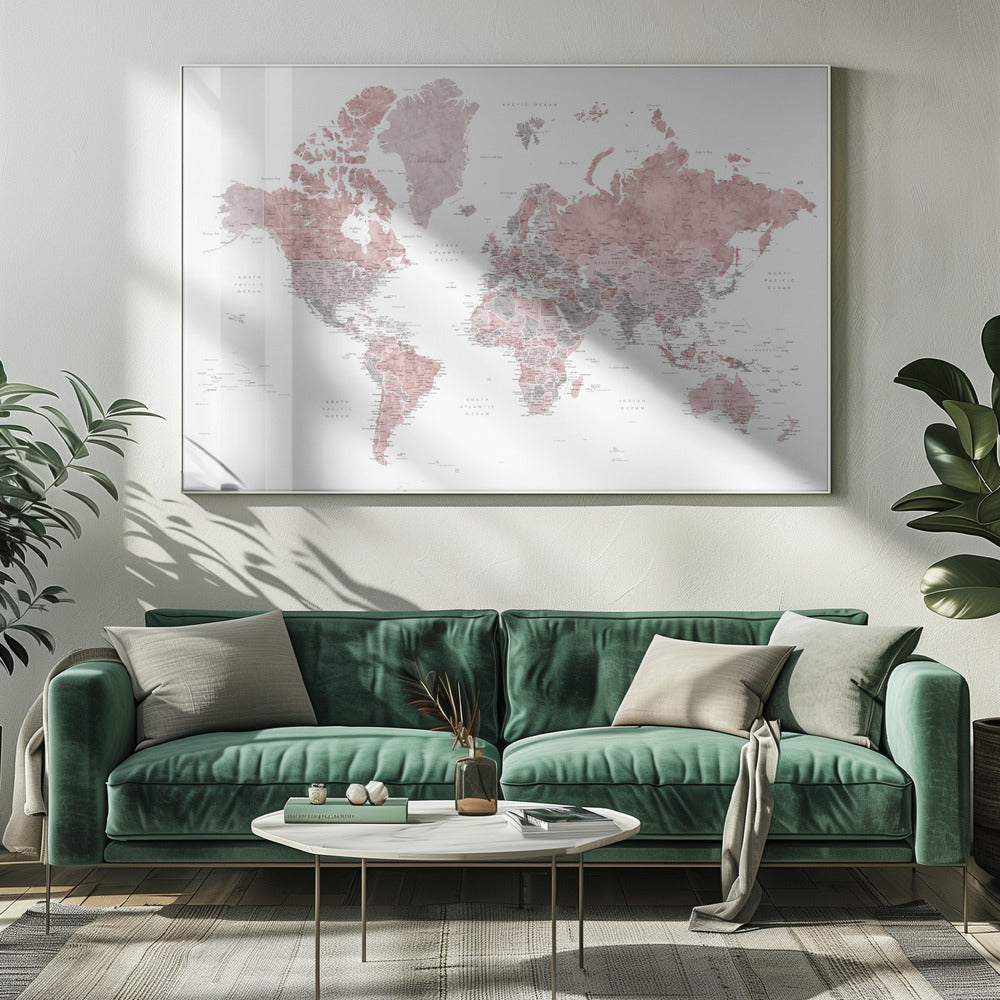 A framed world map with continents depicted in a watercolor style using shades of dusty rose pink and grey. The oceans are white, and the entire map is detailed with black text for country and city names, enclosed in a light grey frame. Poster