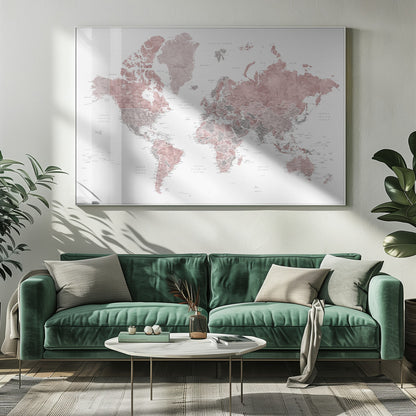 A framed world map with continents depicted in a watercolor style using shades of dusty rose pink and grey. The oceans are white, and the entire map is detailed with black text for country and city names, enclosed in a light grey frame. Poster