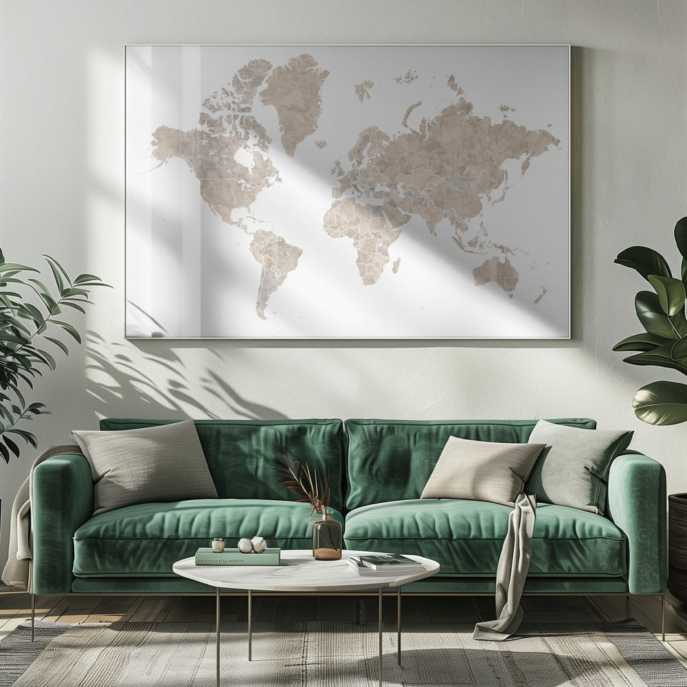 A detailed world map poster, 'Abey världskarta', depicting continents, oceans, and country borders. Artwork