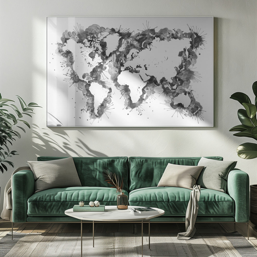 An abstract black and white world map created with ink splatters and watercolor washes on a white background, enclosed in a silver frame. The continents are formed by the negative space, outlined by the dynamic splatters of black and grey ink. Print