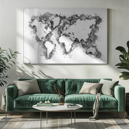 An abstract black and white world map created with ink splatters and watercolor washes on a white background, enclosed in a silver frame. The continents are formed by the negative space, outlined by the dynamic splatters of black and grey ink. Print