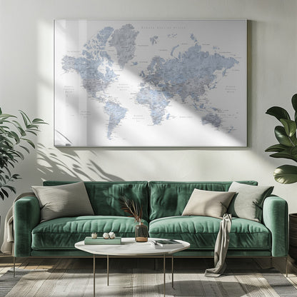 A framed world map presented in a modern, watercolor style. The continents are rendered in shades of dusty blue and cool gray against a crisp white background. All text, including countries and oceans, is in Spanish. The entire piece is enclosed in a simple, light gray frame. Poster