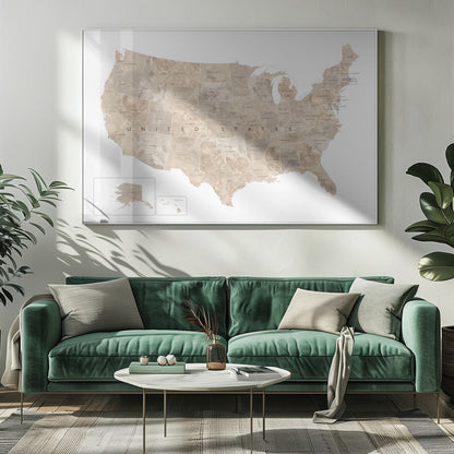 A framed map of the United States with a textured, marbled design in shades of brown and tan. Each state is outlined and labeled, and the words 'UNITED STATES' are displayed across the center. Alaska and Hawaii are shown in separate insets. The map is set against a white background and enclosed in a light gray frame. Artwork