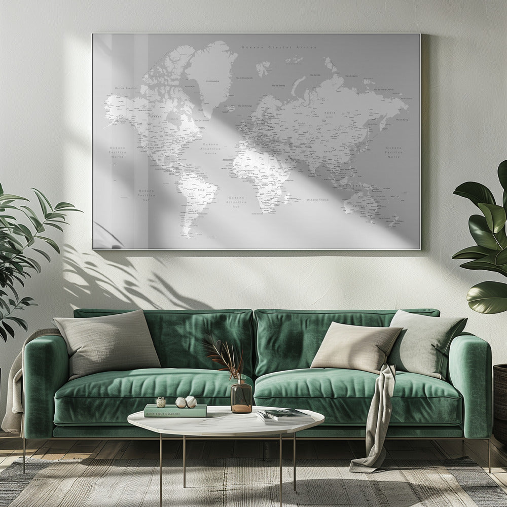 A detailed world map in Spanish with a monochromatic color scheme, framed in a light gray wooden frame. The continents are shown in white on a light gray ocean background, with countries and numerous cities labeled in black text. Artwork
