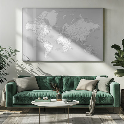 A detailed world map in Spanish with a monochromatic color scheme, framed in a light gray wooden frame. The continents are shown in white on a light gray ocean background, with countries and numerous cities labeled in black text. Artwork