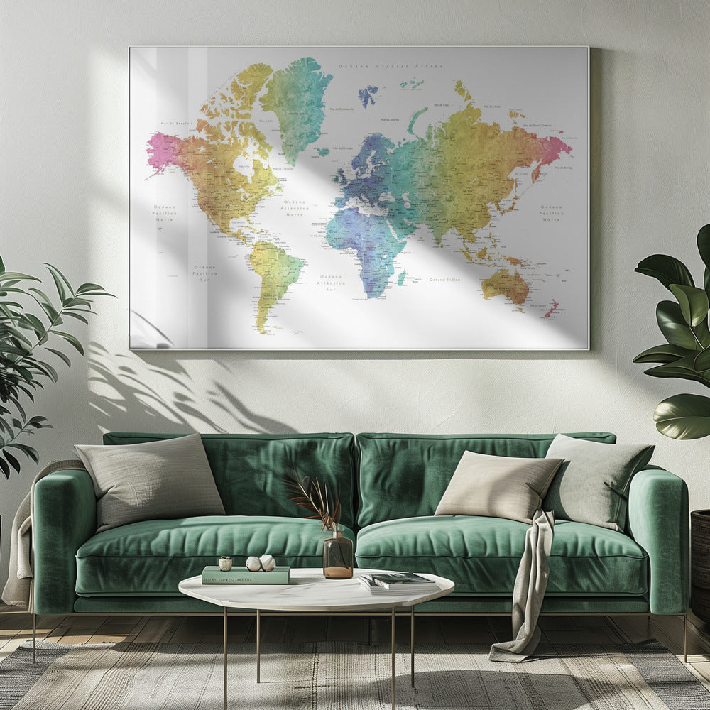 A colorful world map with a watercolor texture, framed in a light gray frame. The continents are shaded with a rainbow gradient, transitioning from pink and orange on the left to yellow, green, and blue in the center, and back to yellow and orange on the right. The oceans are white, and the map features geographical labels in Spanish. Wall Art