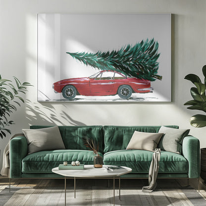 A festive painting of a vintage red sports car with a large green Christmas tree tied to its roof. The car is depicted in profile against a plain white background, and the artwork is displayed in a simple silver frame. Decor