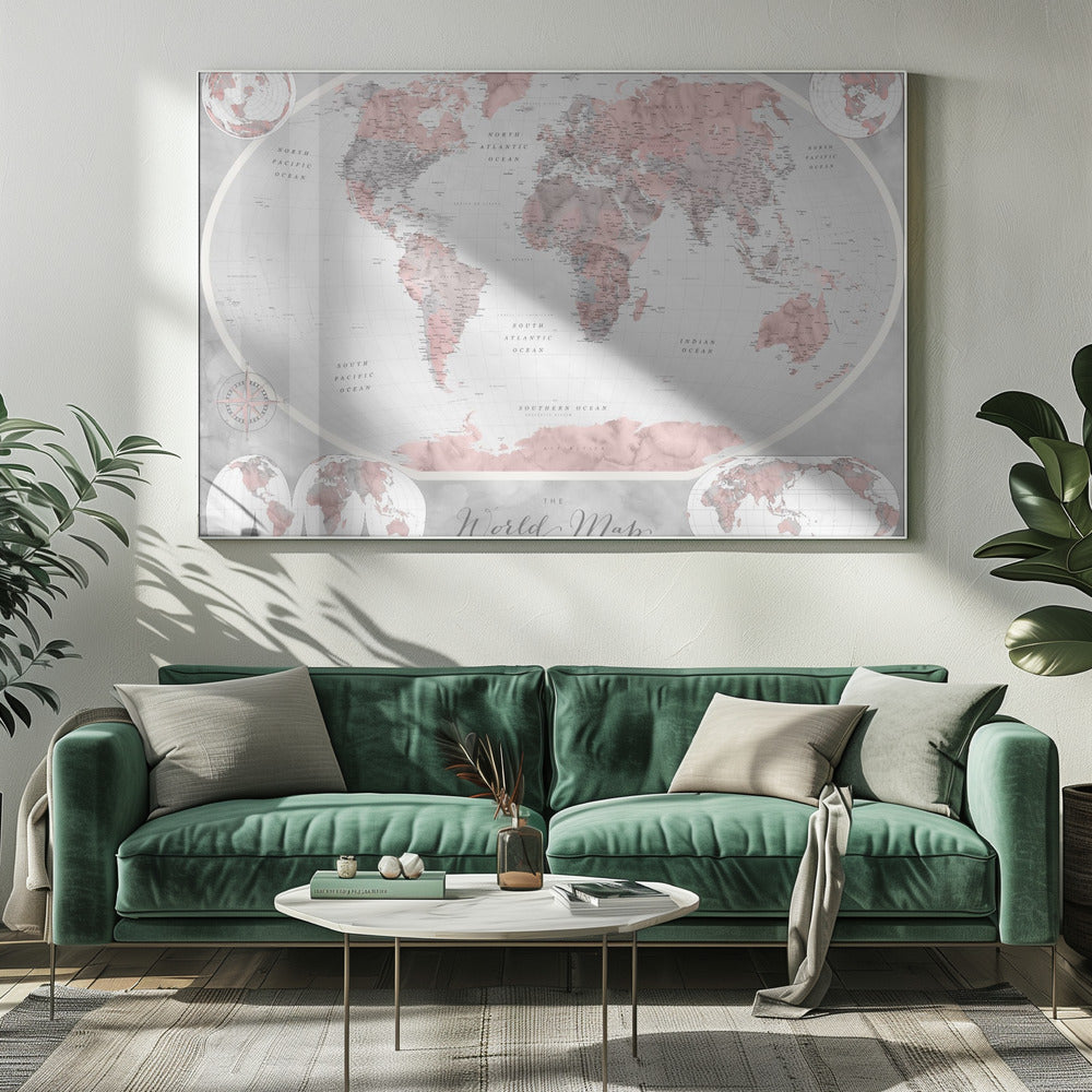 A stylized world map in a grey frame, with continents colored in shades of pink and grey. The background and oceans are a light grey, and the image includes various map projections in the corners and at the bottom. The title 'The World Map' is written in a cursive script at the bottom center. Artwork