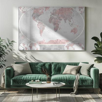 A stylized world map in a grey frame, with continents colored in shades of pink and grey. The background and oceans are a light grey, and the image includes various map projections in the corners and at the bottom. The title 'The World Map' is written in a cursive script at the bottom center. Artwork