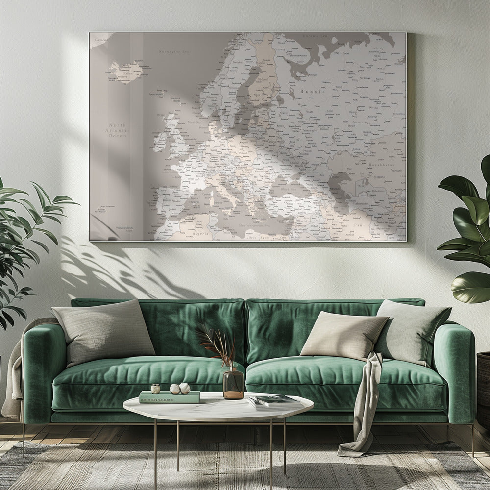 A detailed political map of Europe presented in a muted color scheme of beige and grey. The map, which includes parts of North Africa and Western Asia, is displayed in a simple silver-colored frame. Poster