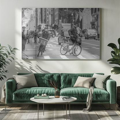 A black and white street photograph of a busy city intersection, framed in silver. In the foreground, two men are crossing with their bicycles amidst traffic, with one cyclist looking directly at the camera. Tall buildings and other pedestrians line the background, capturing a moment of everyday city life. Artwork