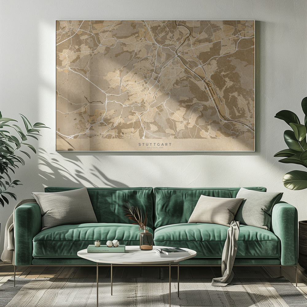 A framed, stylized map of Stuttgart, Germany, in shades of brown and beige. Major roads and waterways are highlighted in a contrasting cream color, creating a detailed and modern look. The city name 'STUTTGART' is written at the bottom. The entire map is enclosed in a simple silver-colored frame. Poster