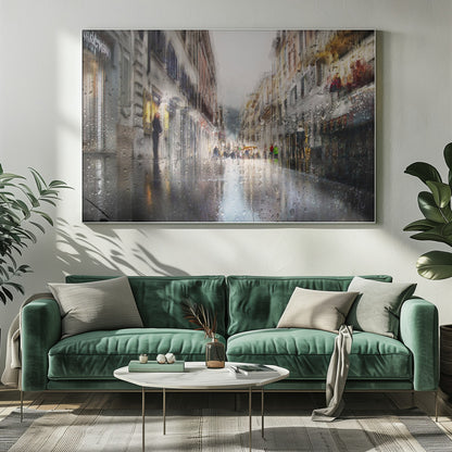 An impressionistic painting of a city street on a rainy day, viewed as if through a window covered in water droplets. The scene is blurred and atmospheric, with the wet pavement reflecting the muted colors of the buildings and distant figures. The artwork is presented in a silver frame. Decor