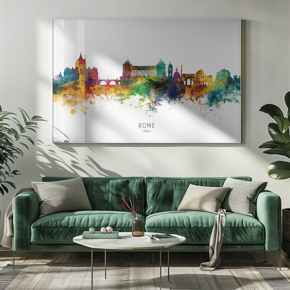 A colorful watercolor skyline of Rome, Italy, featuring famous landmarks. The silhouette is filled with vibrant splashes of yellow, orange, blue, and purple against a white background. The text 'ROME . ITALY .' is centered below the artwork, which is enclosed in a silver frame. Wall Art