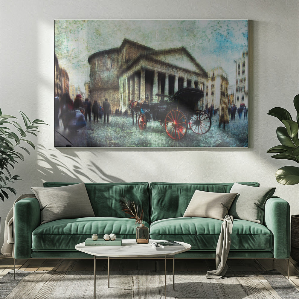 A vintage-style, painterly artwork of the Pantheon in Rome. A horse-drawn carriage with prominent red wheels sits in the foreground on the cobblestone square, with people milling about. The entire image has a textured, weathered appearance. Artwork