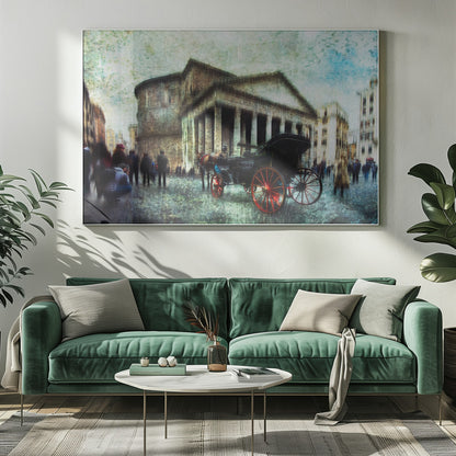 A vintage-style, painterly artwork of the Pantheon in Rome. A horse-drawn carriage with prominent red wheels sits in the foreground on the cobblestone square, with people milling about. The entire image has a textured, weathered appearance. Artwork