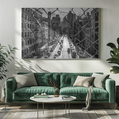 A high-angle, black and white photograph of a bustling New York City street viewed through a chain-link fence. The fence is in the foreground, framing the scene of traffic-filled streets, historic buildings with fire escapes, and skyscrapers in the distance under a cloudy sky. Wall Art