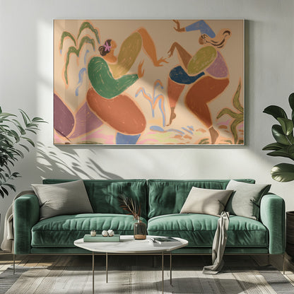 A framed piece of abstract figurative art depicting two women dancing amidst stylized plants. The artwork uses a warm, earthy color palette of beige, green, orange, blue, and purple, rendered in a textured, pastel-like style. The figures are composed of simplified, organic shapes, conveying a sense of joyful movement. Poster