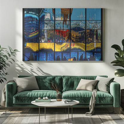 A framed abstract artwork composed of a grid of window panes, each displaying a distorted, colorful reflection of a cityscape. The top sections are dominated by blues and whites, the middle by reds and golds, the next by vibrant yellows, and the bottom row shows silhouettes of people against a deep blue background. Poster