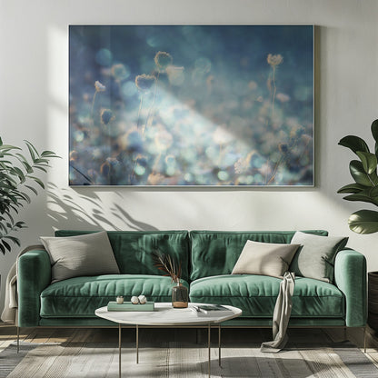 A dreamy, soft-focus photograph of dried wildflowers silhouetted against a shimmering background of blue and white bokeh lights, creating a magical and ethereal atmosphere. The artwork is presented in a brushed silver frame. Wall Art