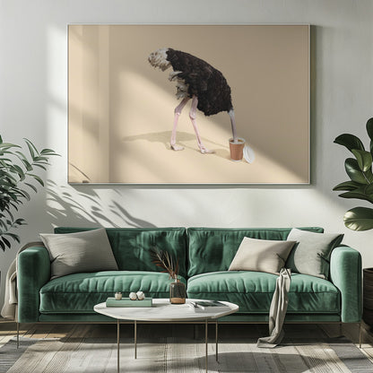A humorous and surreal image of a black and white ostrich with its head buried inside a disposable coffee cup, set against a plain beige background and enclosed in a silver frame. Decor