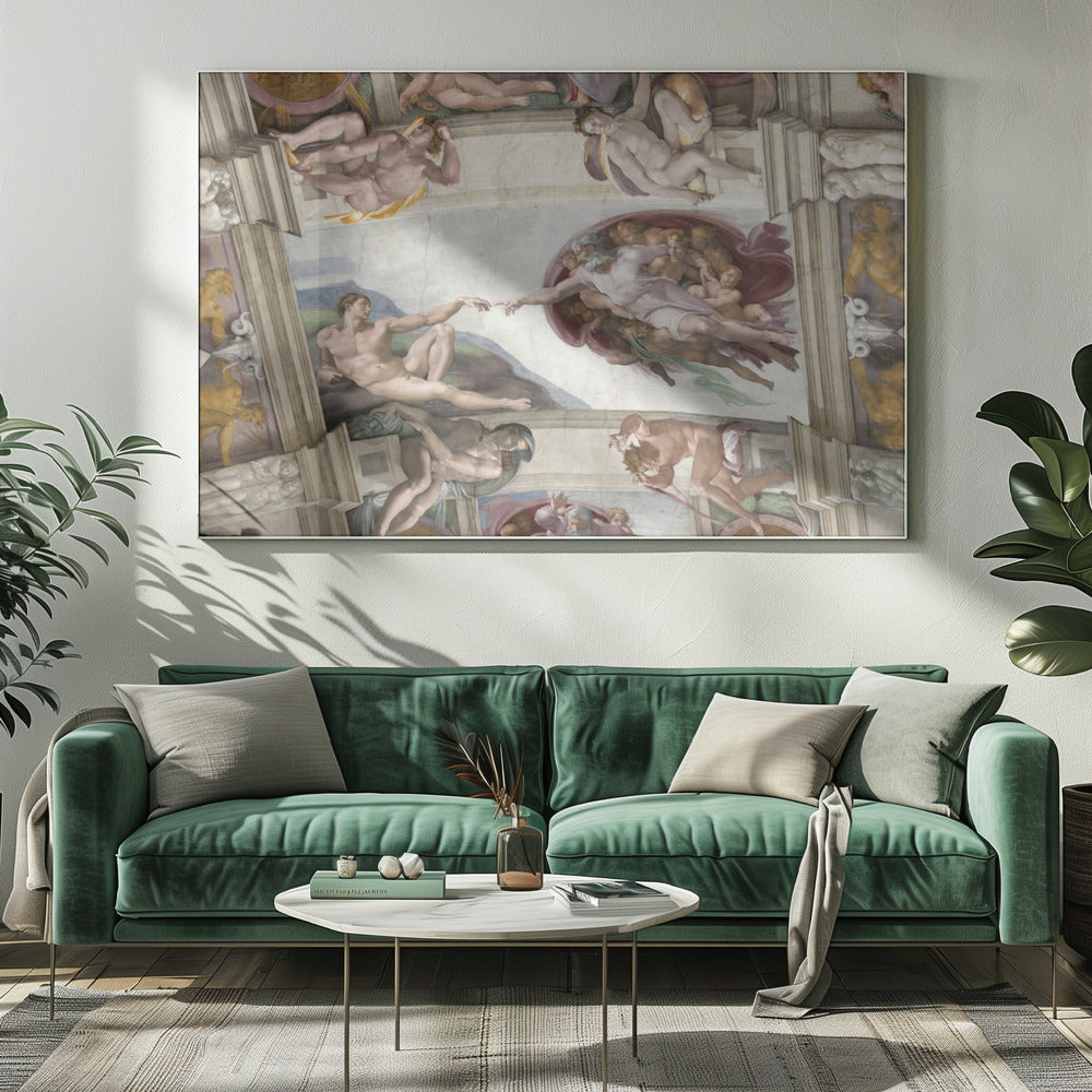 A framed print of Michelangelo's iconic Renaissance painting, 'The Creation of Adam,' showing God reaching from the heavens to give life to a reclining Adam. Poster