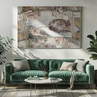 A framed print of Michelangelo's iconic Renaissance painting, 'The Creation of Adam,' showing God reaching from the heavens to give life to a reclining Adam. Poster
