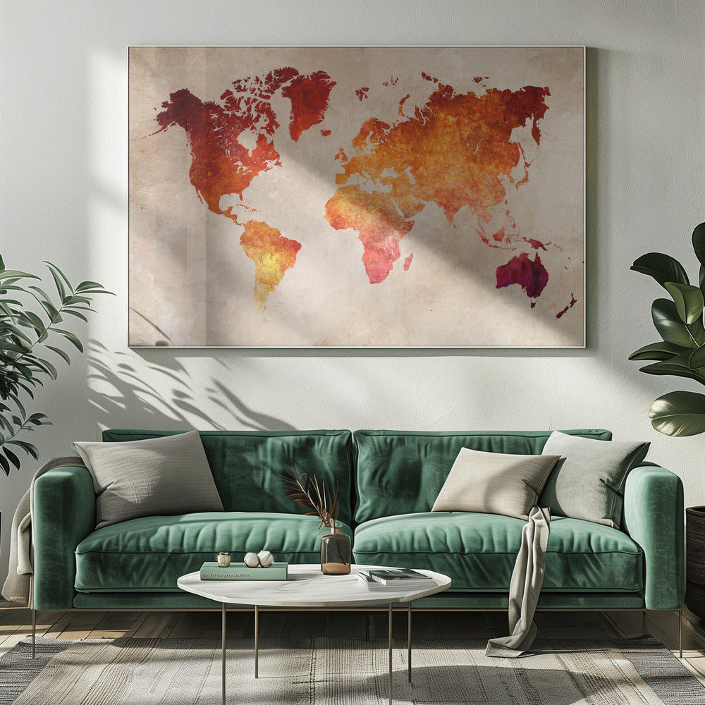 An artistic world map with continents filled in a fiery, textured blend of red, orange, and yellow hues. The map is set against a distressed, parchment-style beige background and is presented in a brushed silver frame. Poster