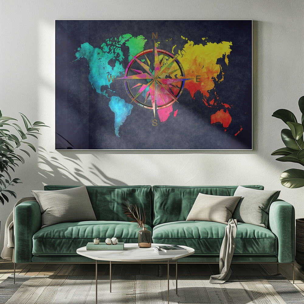 An artistic world map in a silver frame, featuring continents in a vibrant rainbow watercolor style against a dark, textured navy blue background. A large, ornate, and colorful compass rose is superimposed in the center of the map. Artwork