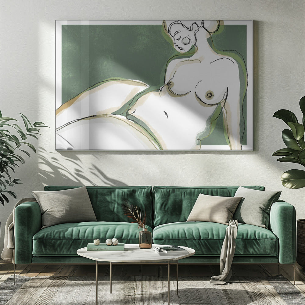 A stylized, abstract line drawing of a nude woman reclining against a solid dark green background. Her body is rendered in shades of white and beige with green shadow accents and is outlined in loose, expressive black ink lines. Her face is in profile with her eyes closed. Poster