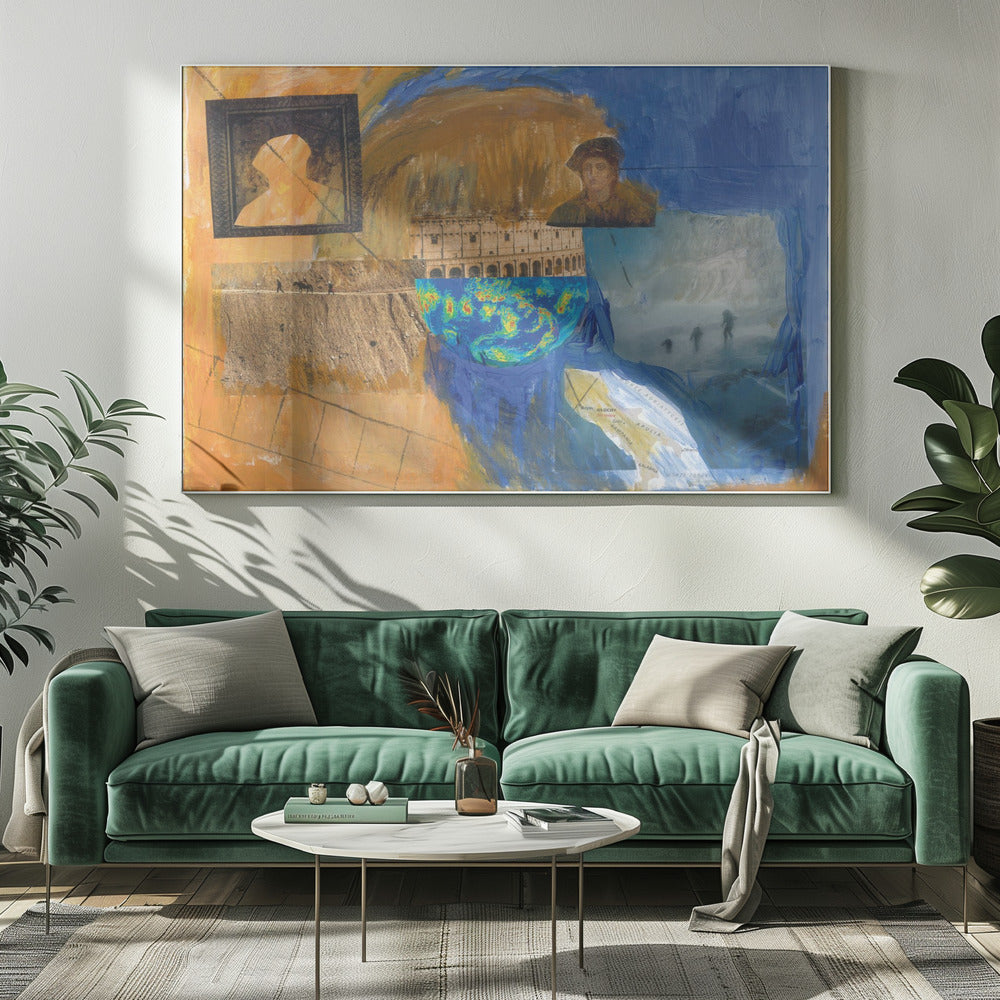 An abstract mixed-media collage in a silver frame, featuring prominent blue and orange painted sections. The collage includes images of the Roman Colosseum, a weather map, a framed silhouette, a historical portrait, a map of Italy, and various photographic scenes, creating a layered and complex composition. Wall Art