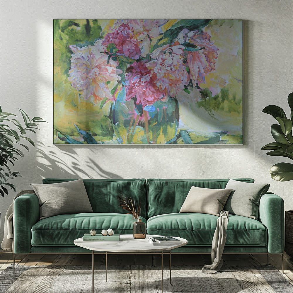 An impressionistic painting of a lush bouquet of pink and white peonies in a glass vase. The background is a vibrant mix of yellow and green, and the entire piece is characterized by thick, textured brushstrokes and set within a silver frame. Artwork
