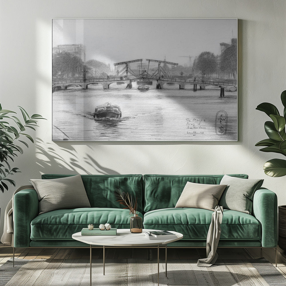 A framed black and white pencil drawing of the Magere Brug, a famous bridge in Amsterdam. The drawbridge is depicted over a canal with a boat in the foreground, creating a classic European city scene. Wall Art