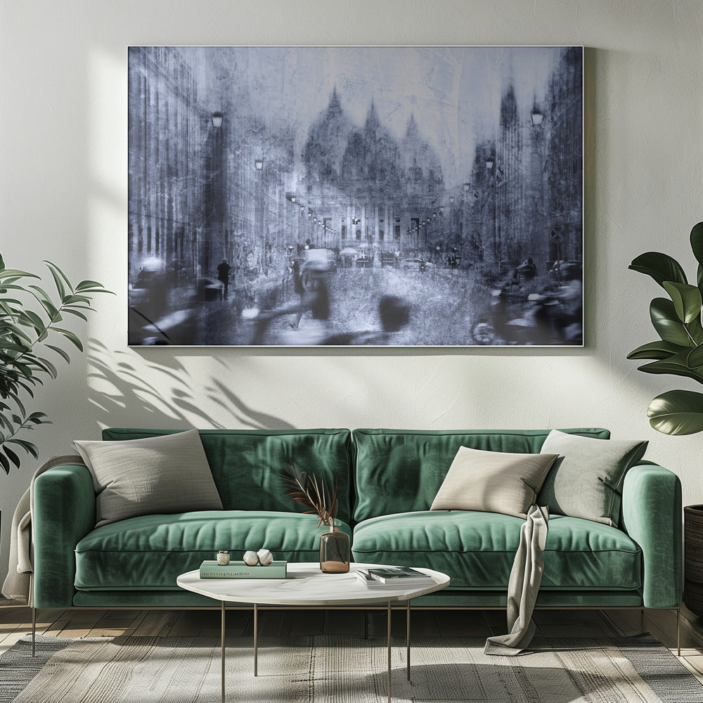 A stylized, heavily textured photograph of a busy city street in shades of blue, grey, and white. A grand, domed building stands at the end of the street, while the figures of people and vehicles in the foreground are blurred with motion, creating a dynamic and atmospheric scene. The entire image has a distressed, weathered appearance and is set within a silver frame. Print