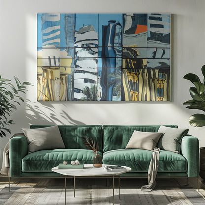 A framed abstract artwork showing a collage of distorted cityscape reflections in a grid of glass window panes. The reflections mix modern blue and white skyscrapers against a clear blue sky with older, golden-yellow buildings, creating a wavy and fragmented visual effect. Wall Art