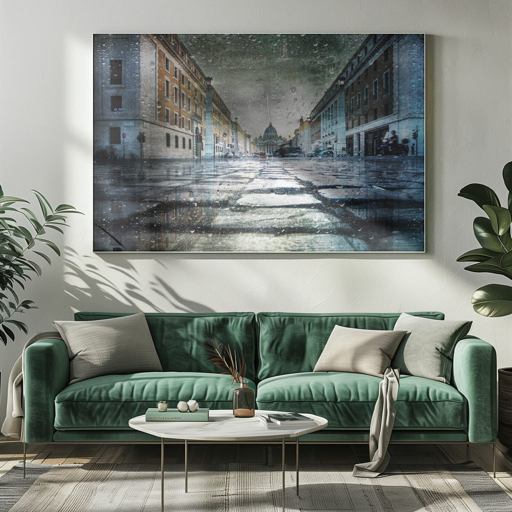 A low-angle, artistic photograph of a wet cobblestone street in Rome leading to St. Peter's Basilica in the distance. The image has a moody, textured feel with an overlay of raindrops, as if viewed through a rainy window, and reflections of the historic buildings in the puddles on the street. Decor