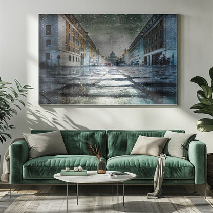 A low-angle, artistic photograph of a wet cobblestone street in Rome leading to St. Peter's Basilica in the distance. The image has a moody, textured feel with an overlay of raindrops, as if viewed through a rainy window, and reflections of the historic buildings in the puddles on the street. Decor