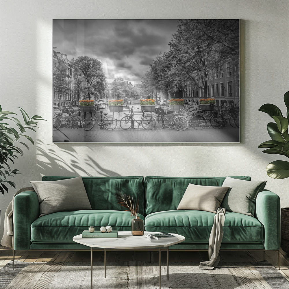 A selective color, black and white photograph of a classic Amsterdam canal scene, enclosed in a silver frame. The foreground shows a bridge lined with numerous bicycles and planters filled with vibrant orange tulips, which are the only colored elements. The background features canal houses, trees, and another bridge under a dramatic, cloudy sky with sunbeams. Print