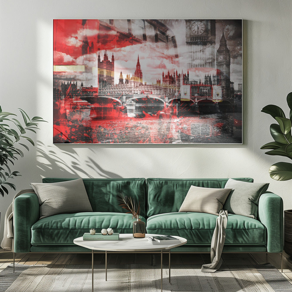 A modern abstract artwork of the London skyline featuring the Houses of Parliament and Big Ben in black and white, overlaid with bold, splashy strokes of bright red. The dramatic red is most prominent in the sky and reflected in the River Thames, creating a stark contrast. A classic red double-decker bus can be seen crossing Westminster Bridge. Decor