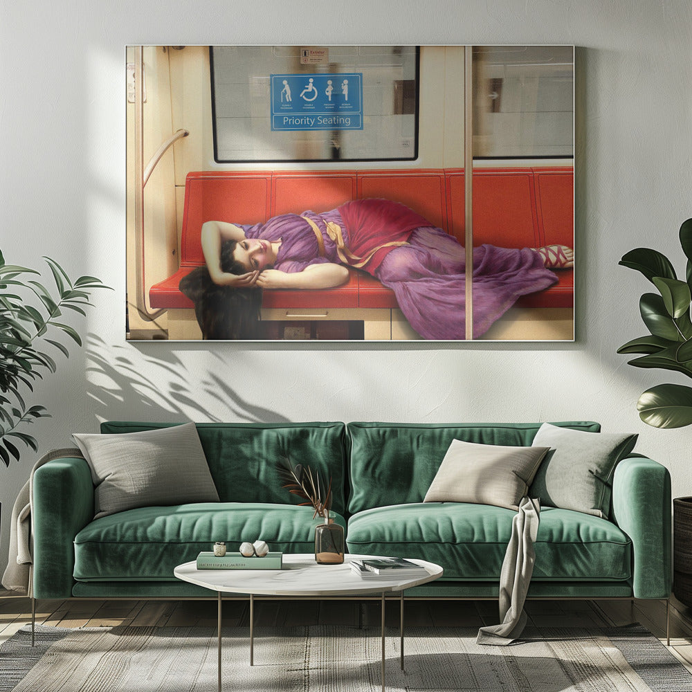 A framed surrealist artwork depicting a woman in a classical purple and red toga sleeping across a row of modern red subway seats. Above her on the window is a blue 'Priority Seating' sign, creating a humorous juxtaposition between ancient and modern life. Artwork