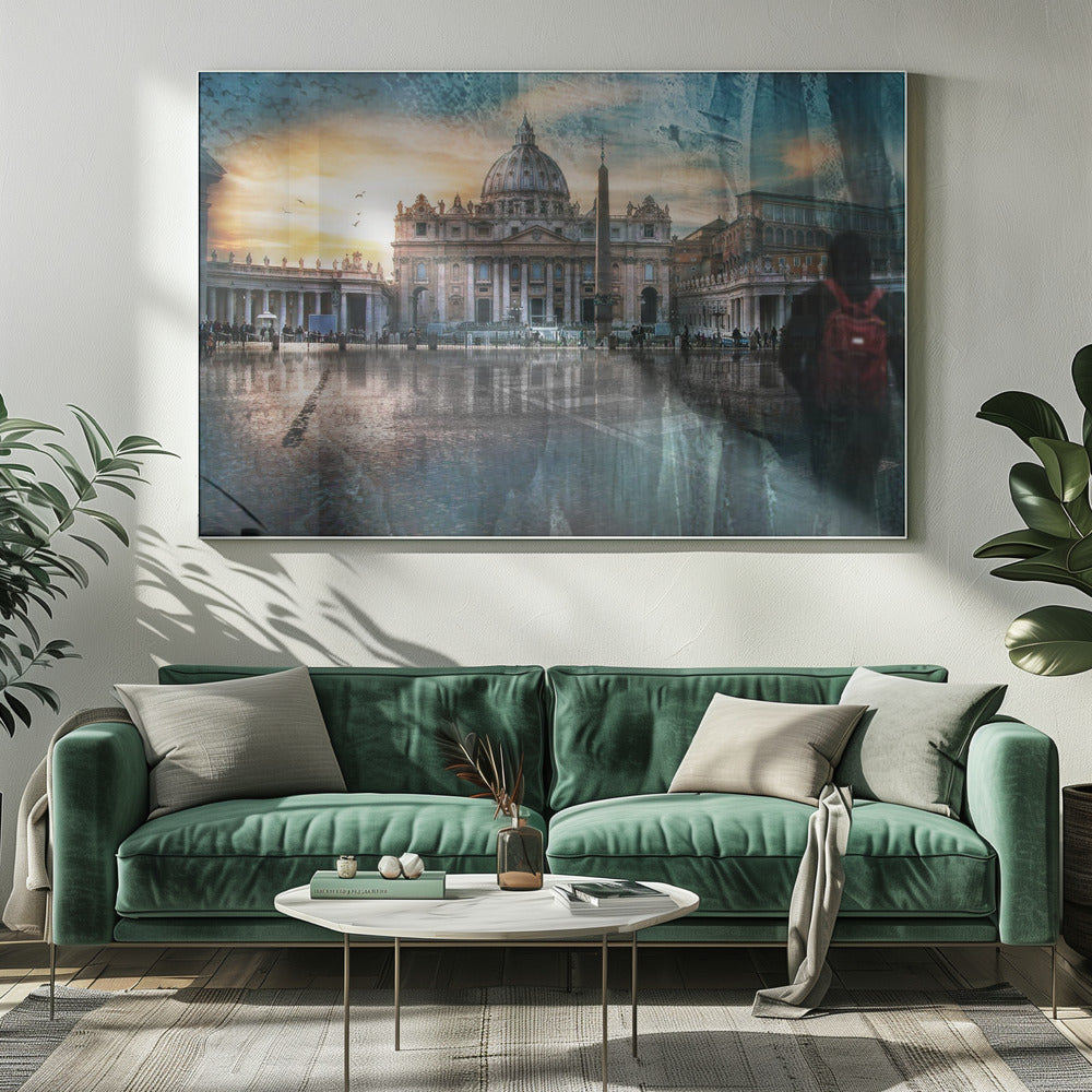 An artistic photograph of St. Peter's Basilica in Vatican City at sunset, with its reflection visible on the wet cobblestones of the square. The image has a textured overlay and a ghostly silhouette of a person with a red backpack on the right, all enclosed in a silver frame. Wall Art