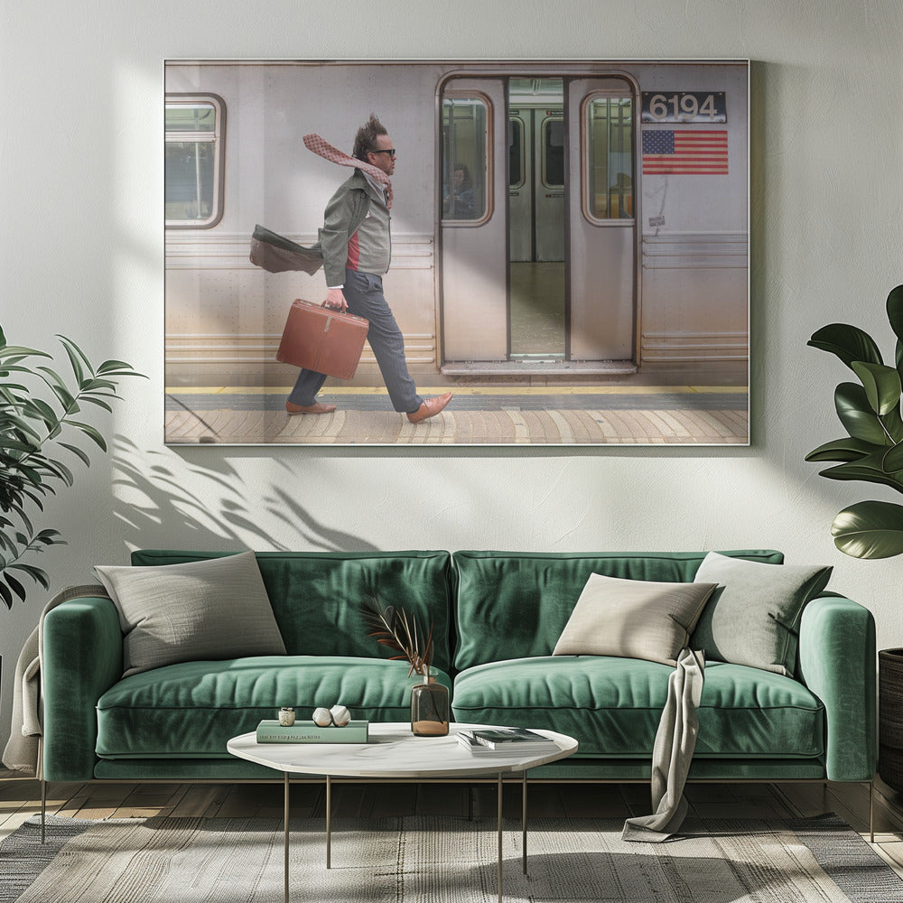 A stylish man with windblown hair and a flying scarf walks briskly along a subway platform, carrying a brown briefcase next to a silver train. Artwork