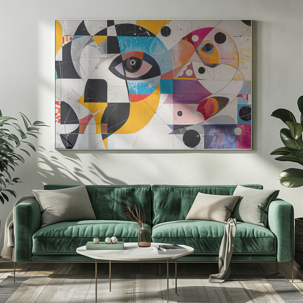 A vibrant and complex abstract painting in a silver frame. The artwork features a large, stylized eye as a central focus, surrounded by a fragmented collage of geometric shapes, bold lines, and vivid colors including yellow, blue, and magenta. Elements like black and white checkerboard patterns and scattered black circles add to the dynamic composition, all set against a textured, crackled white background. Print